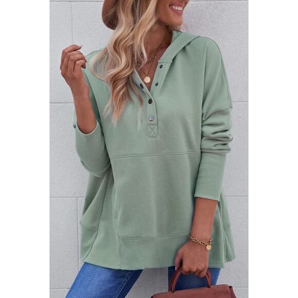 Boutique Oversized 1/4 Snap Hoodie Pullover Womens L Sage Ribbed - Picture 2 of 7